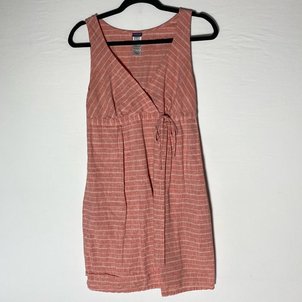 Patagonia Coral Pink Striped Hemp Organic Cotton Faux Wrap Dress 6 Granola Girl